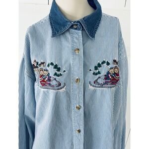 Vintage Embroidered Quizz Christmas Bear Sledding Striped Denim Shirt Granny